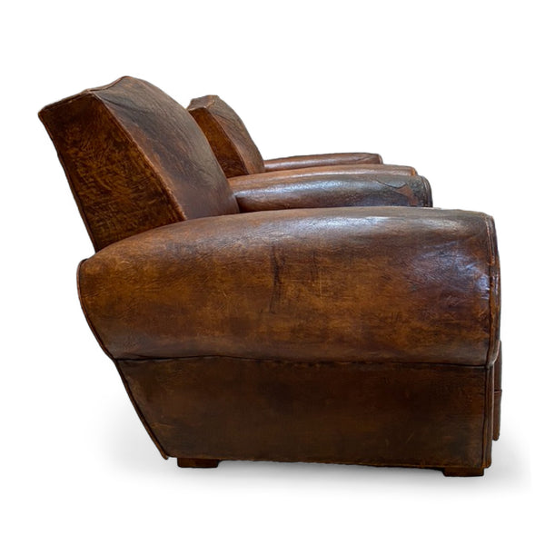 1930s French Leather Club Chair Pair side view