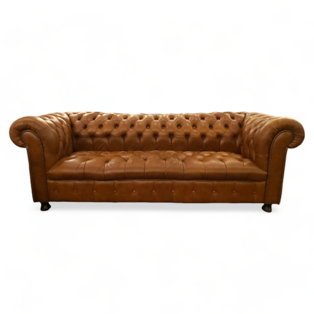 Vintage leather chesterfield with mild distressing in a warm chocolate leather made by empire furniture co