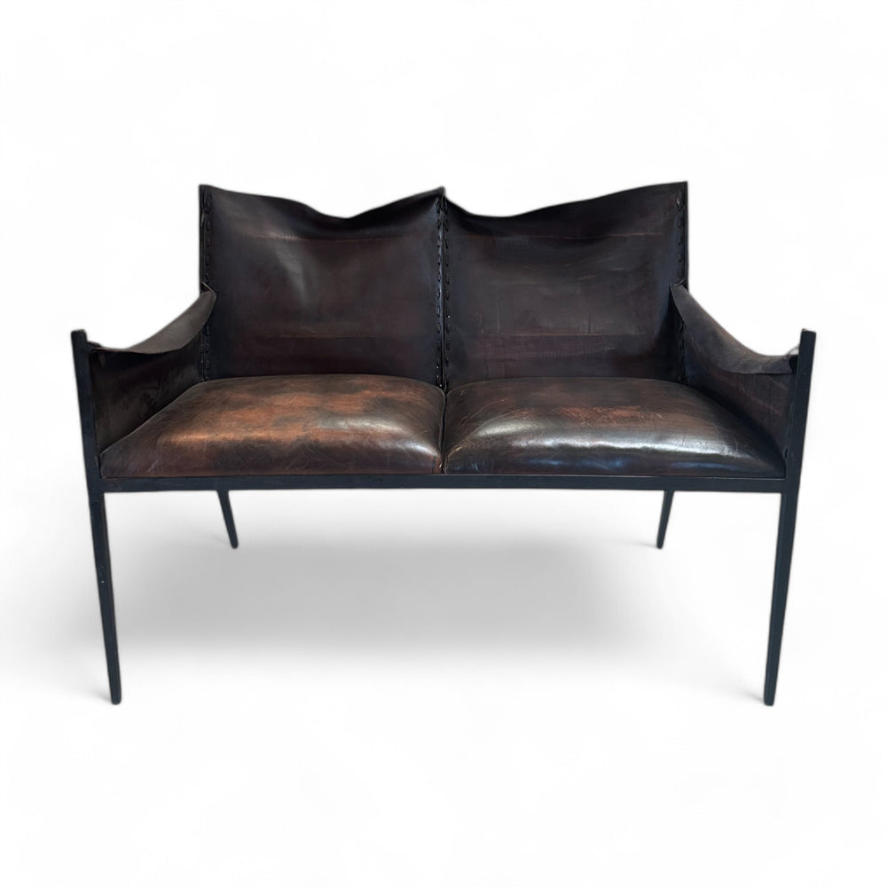 Vintage French Iron & Leather Settee