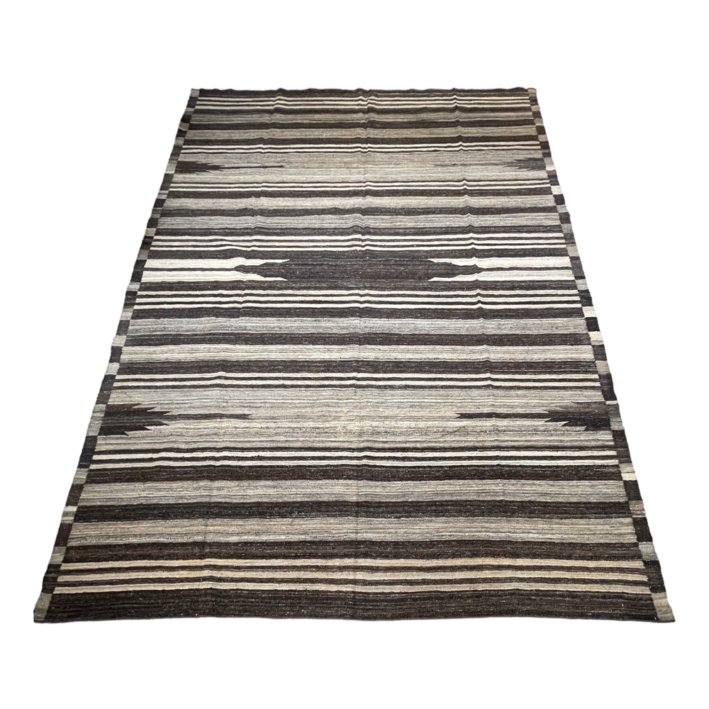 cool toned brown taupe and cream striped kilim area rug