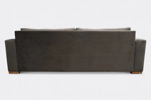 Back view of custom sofa with wood block legs