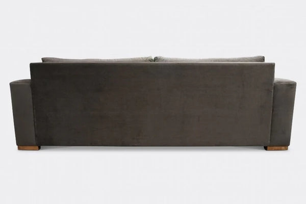 Back view of custom sofa with wood block legs