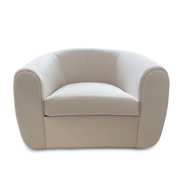Modern barrel armchair with performance grade white upholstery