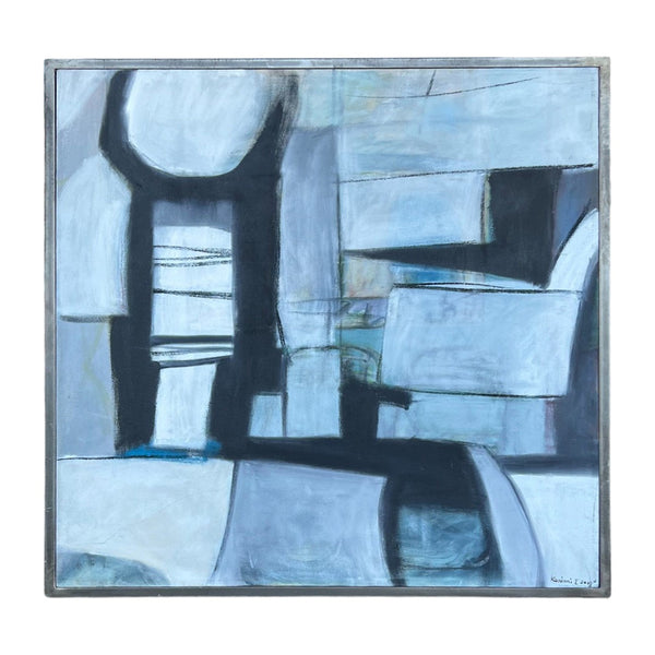 abstract blue oil painting in frame ready to hang wall art