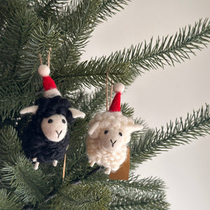 Felt Ornament - Fluffy Sheep Ornament with Christmas Hat