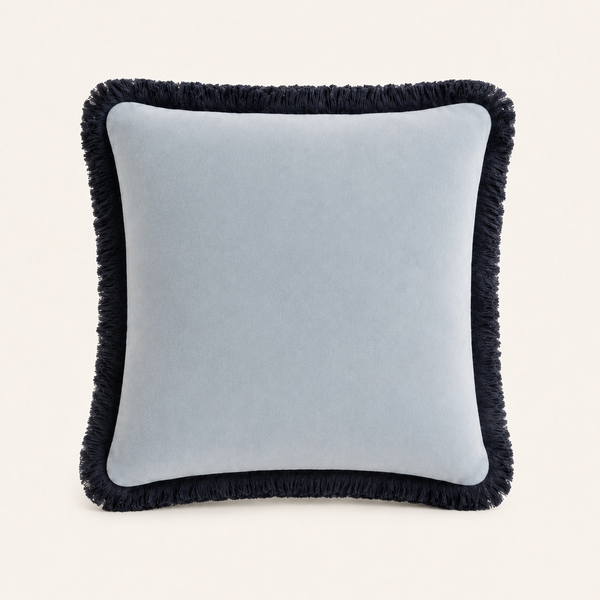 Fringed Square Cushion Light Blue Faux Mohair