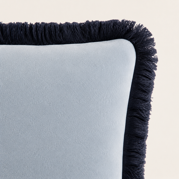 Fringed Square Cushion Light Blue Faux Mohair