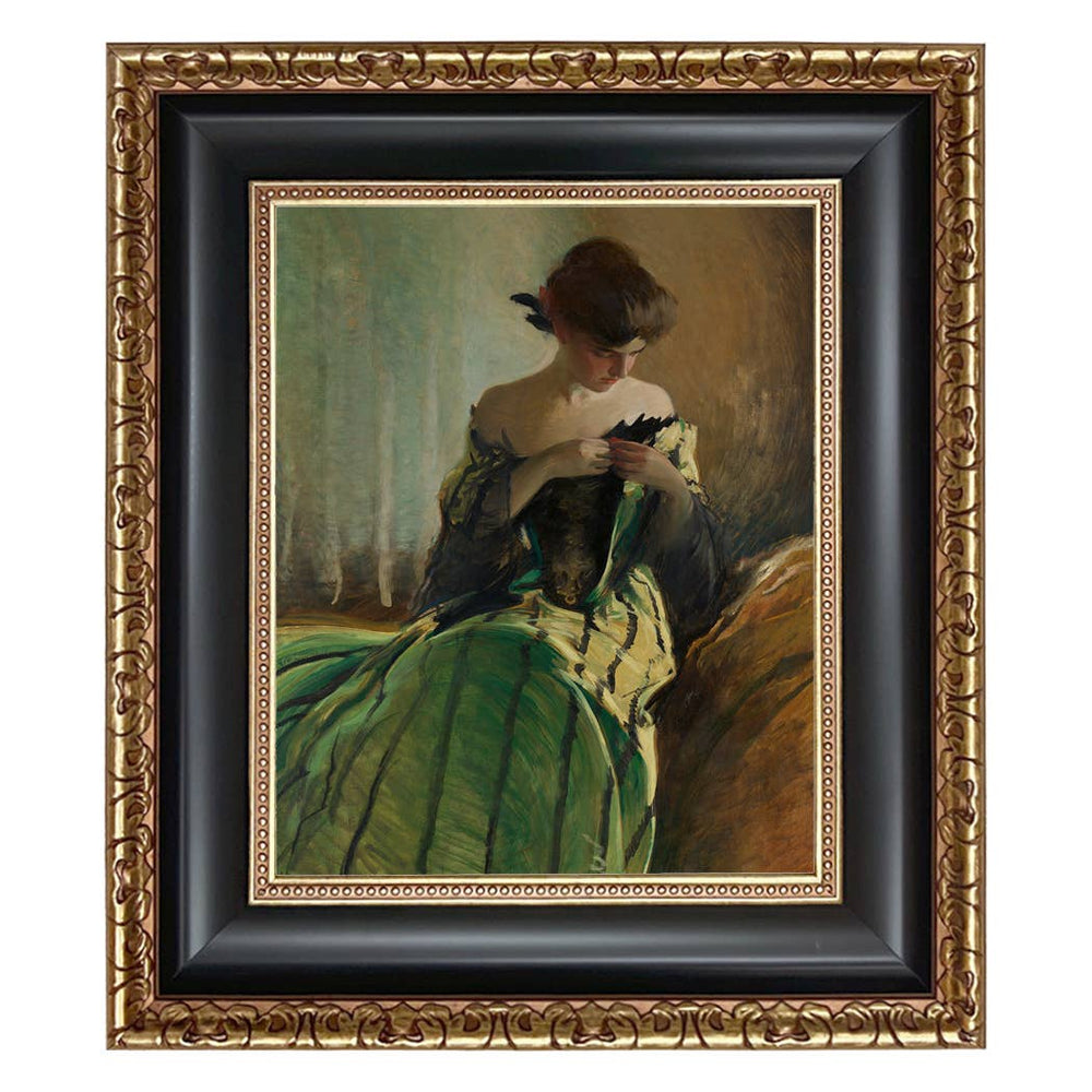 Woman in Black and Green Dress Vintage Canvas Painting Print