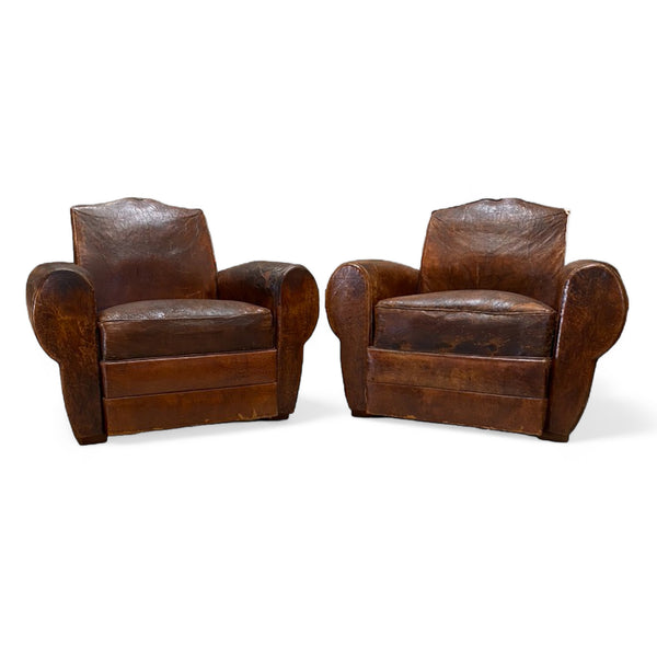 1930s French Leather Club Chair Pair front view