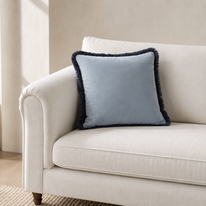 Fringed Square Cushion Light Blue Faux Mohair