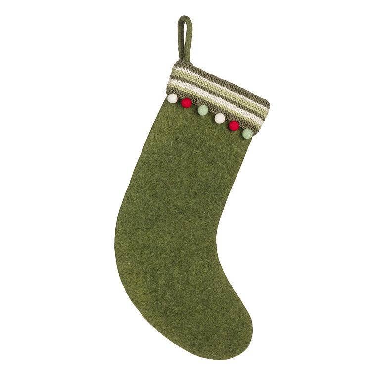 Green Felt Stocking with Knit Band & Pompoms