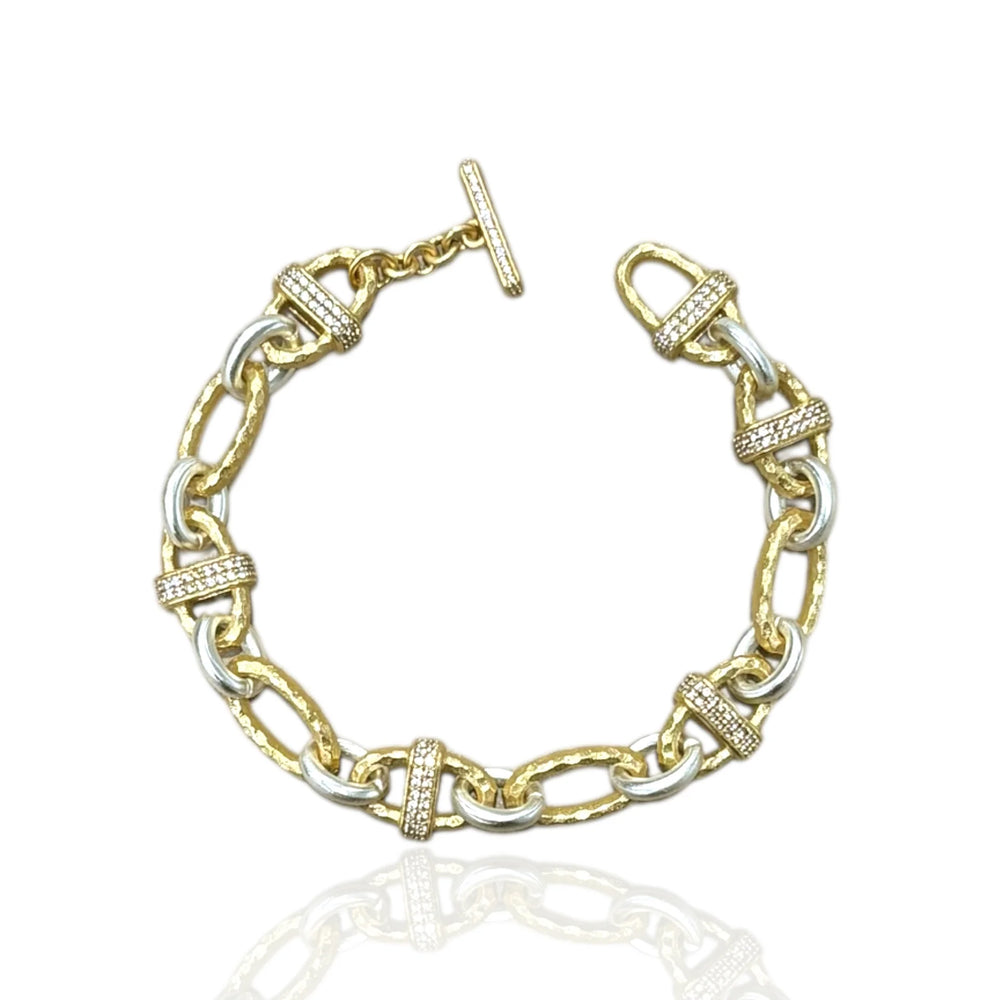 Gold Two-Tone Pavé Ravelle Thin Hammered Chain Bracelet - 7.5"