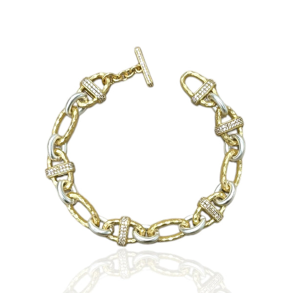 Gold Two-Tone Pavé Ravelle Thin Hammered Chain Bracelet - 7.5"