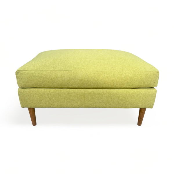 MCM custom ottoman in lime green twill upholstery with wood pencil legs