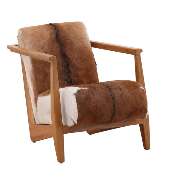 Brown and White Goat Hide and Teak Arm Chair