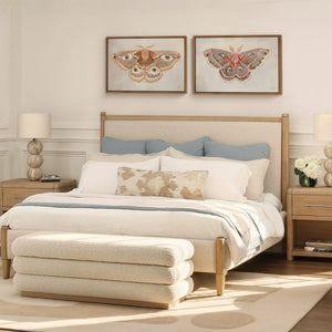 Queen Sized Boucle Fabric and Rubberwood Bed - Cream and Natural