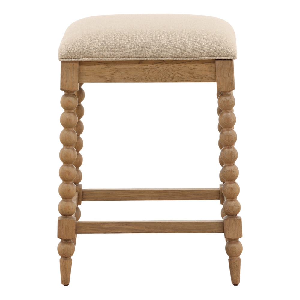 Basketweave Fabric and Oak Counter Stool - Beige