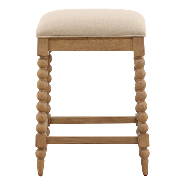 Basketweave Fabric and Oak Counter Stool - Beige