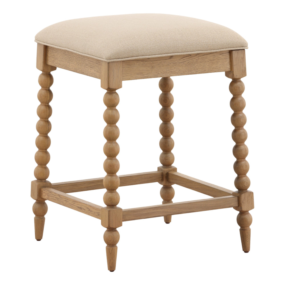 Basketweave Fabric and Oak Counter Stool - Beige
