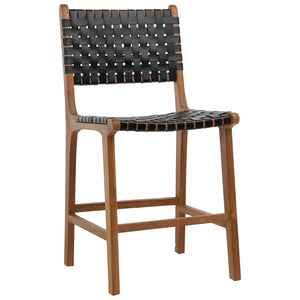 Woven Leather and Teak Counter Stool