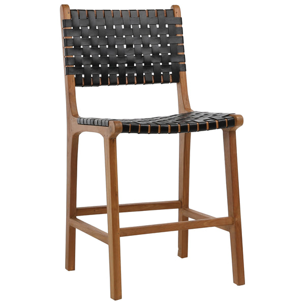 Woven Leather and Teak Counter Stool