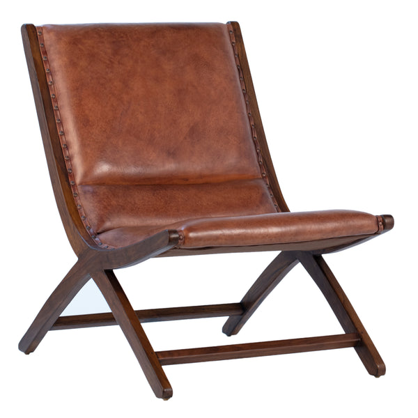 Leather and Teak Occasional Chair - Antique Brown