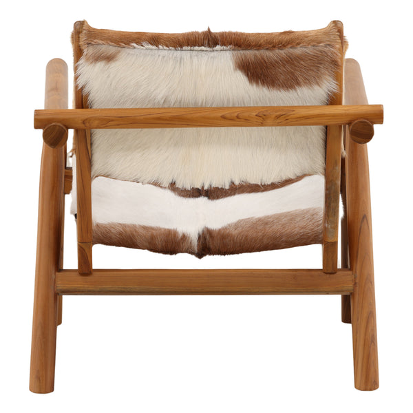 Goat Hide and Teak Wood Occasional Chair with Straight Arms - Brown and White