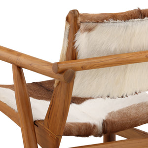 Goat Hide and Teak Wood Occasional Chair with Straight Arms - Brown and White