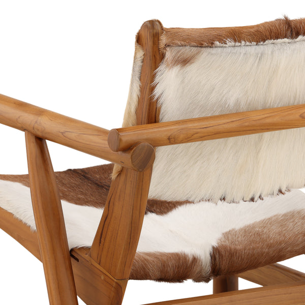 Goat Hide and Teak Wood Occasional Chair with Straight Arms - Brown and White