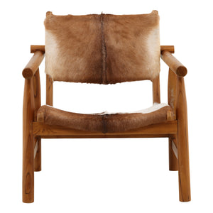Goat Hide and Teak Wood Occasional Chair with Straight Arms - Brown and White