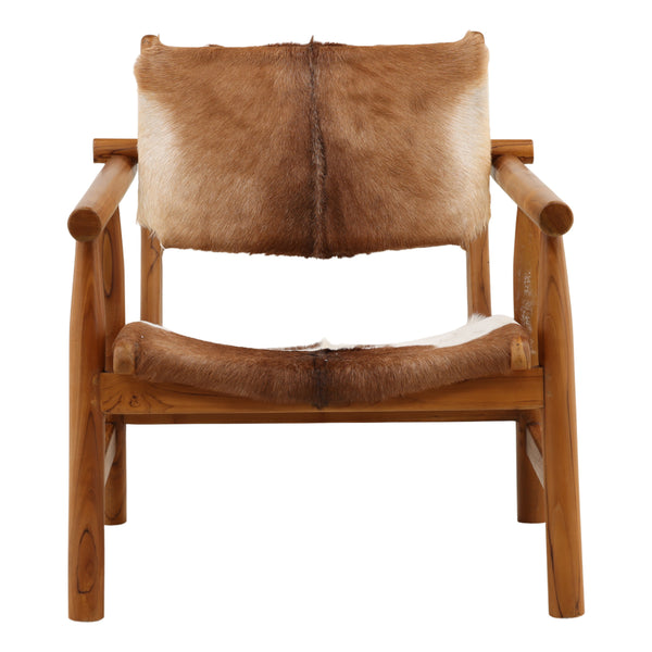 Goat Hide and Teak Wood Occasional Chair with Straight Arms - Brown and White