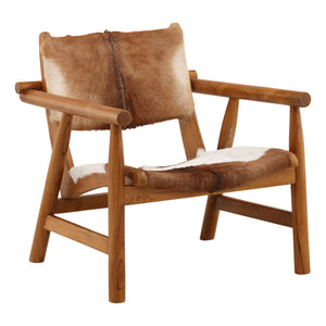 Goat Hide and Teak Wood Occasional Chair with Straight Arms - Brown and White