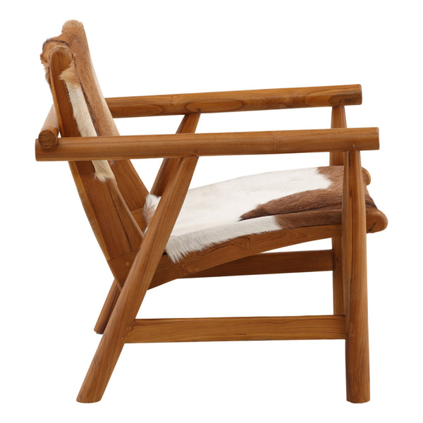 Goat Hide and Teak Wood Occasional Chair with Straight Arms - Brown and White