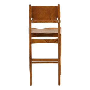 Leather and Teak Wood Counter Stool - Antique Light Brown