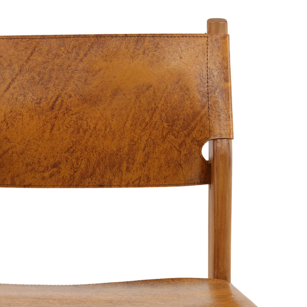 Leather and Teak Wood Counter Stool - Antique Light Brown