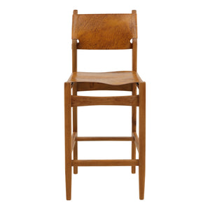Leather and Teak Wood Counter Stool - Antique Light Brown