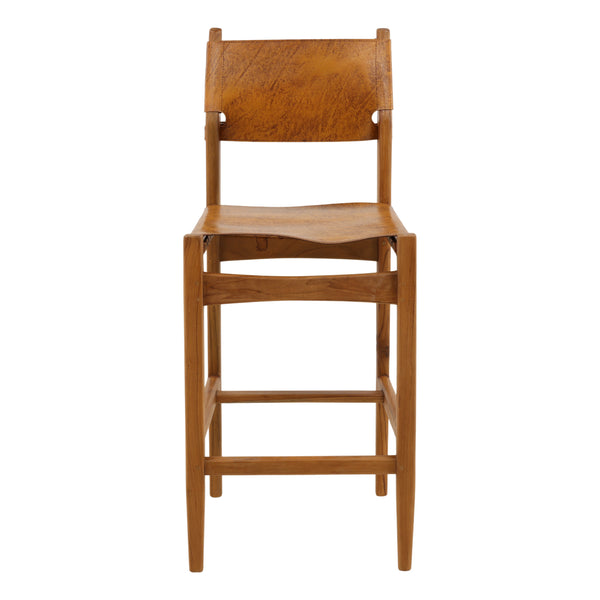 Leather and Teak Wood Counter Stool - Antique Light Brown