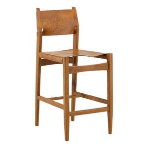 Leather and Teak Wood Counter Stool - Antique Light Brown