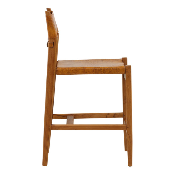 Leather and Teak Wood Counter Stool - Antique Light Brown