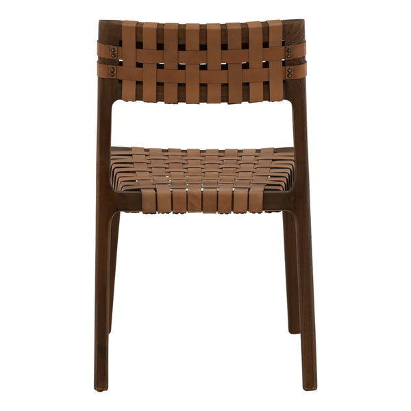 Pair of Woven Leather and Teak Wood Dining Chairs - Brown