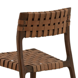 Pair of Woven Leather and Teak Wood Dining Chairs - Brown