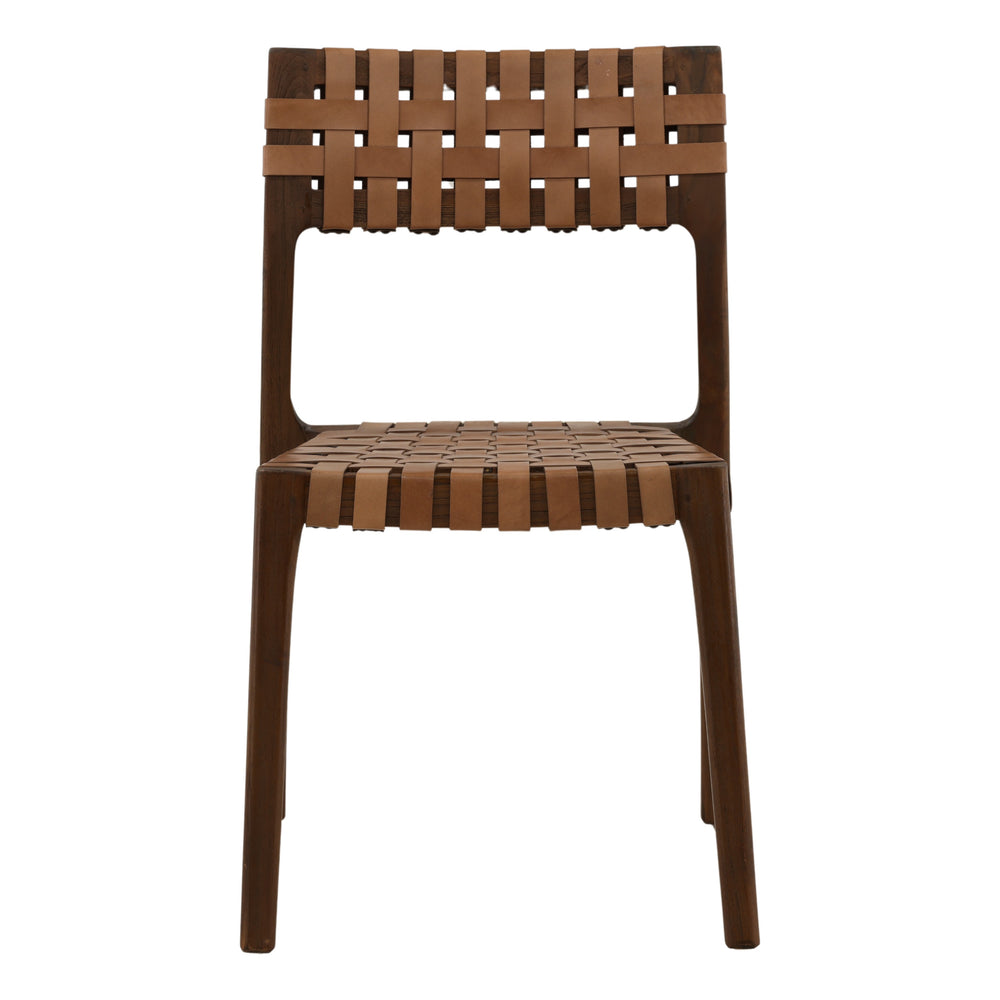 Pair of Woven Leather and Teak Wood Dining Chairs - Brown