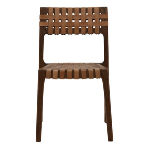 Pair of Woven Leather and Teak Wood Dining Chairs - Brown