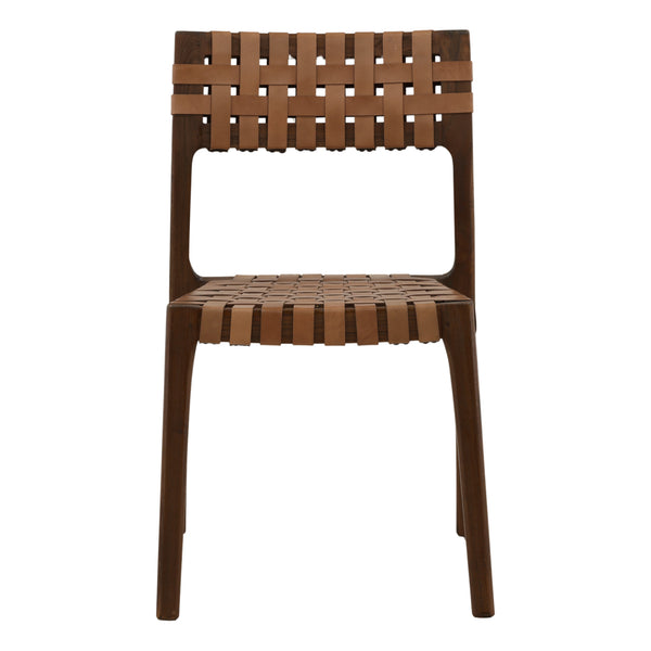 Pair of Woven Leather and Teak Wood Dining Chairs - Brown