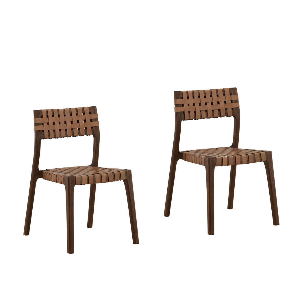 Pair of Woven Leather and Teak Wood Dining Chairs - Brown