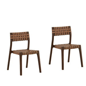 Pair of Woven Leather and Teak Wood Dining Chairs - Brown