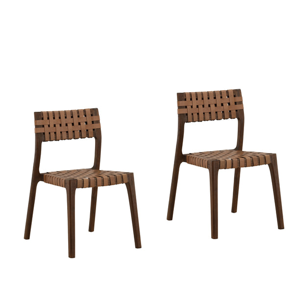 Pair of Woven Leather and Teak Wood Dining Chairs - Brown