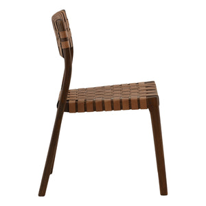 Pair of Woven Leather and Teak Wood Dining Chairs - Brown
