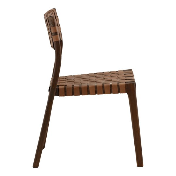 Pair of Woven Leather and Teak Wood Dining Chairs - Brown
