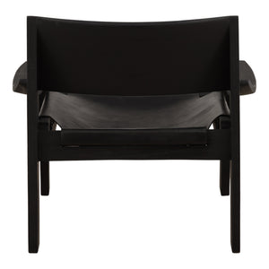 Black Leather and Teak Wood Occasional Chair